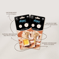 Airpro Bloom Dew car air freshener packaging showcasing key features including 30-day elegance, natural beechwood diffuser, tactile scent testing, and modern minimalist design.
