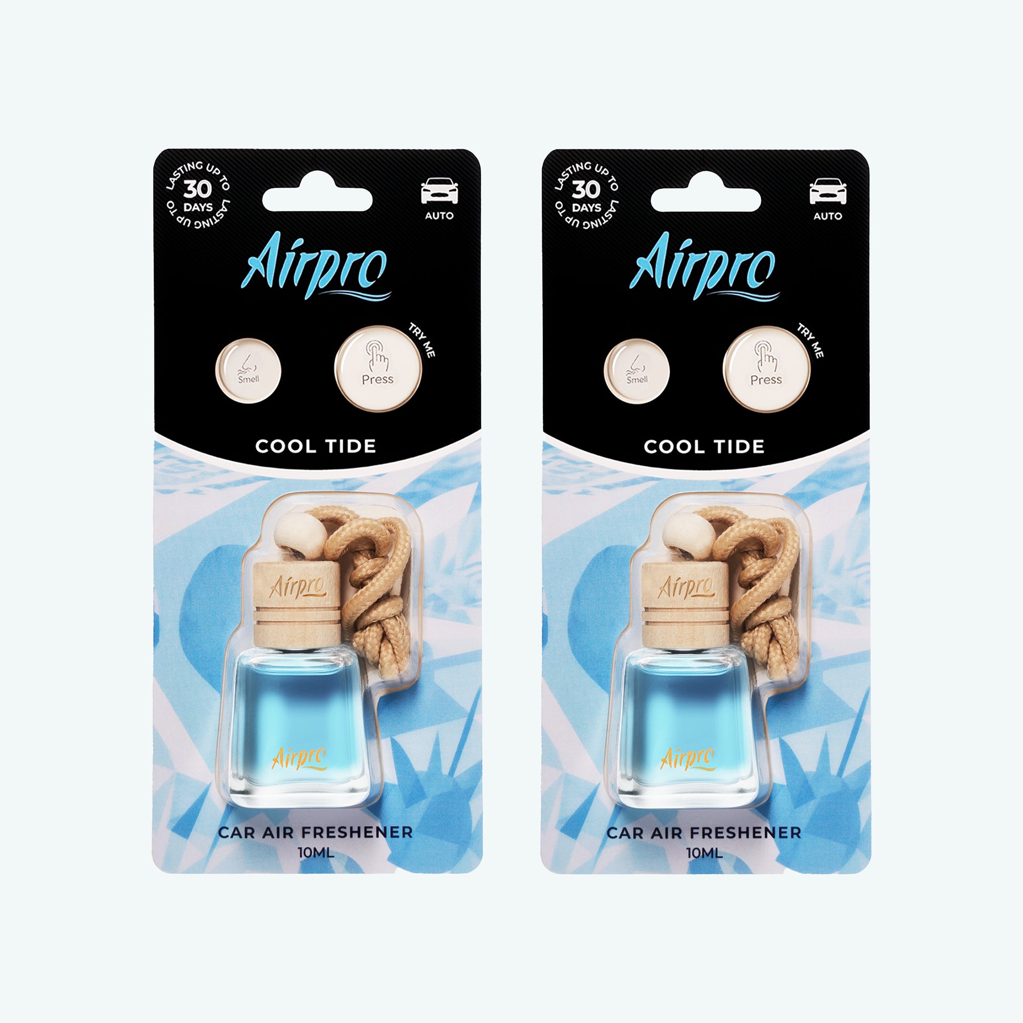 Front view of Airpro Cool Tide 10ml glass bottle car air freshener in its premium retail blister packaging with a natural beechwood cap and hanging rope.