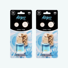 Front view of Airpro Cool Tide 10ml glass bottle car air freshener in its premium retail blister packaging with a natural beechwood cap and hanging rope.