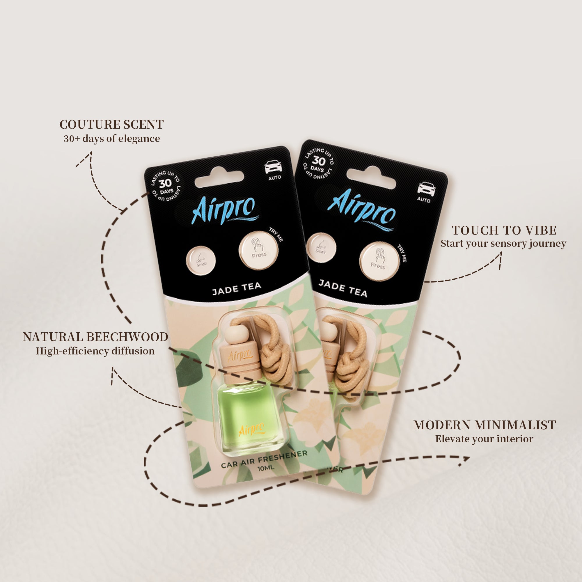Airpro Jade Tea car air freshener packaging showcasing key features including 30-day elegance, natural beechwood diffuser, tactile scent testing, and modern minimalist design.