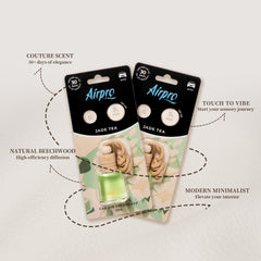 Airpro Jade Tea car air freshener packaging showcasing key features including 30-day elegance, natural beechwood diffuser, tactile scent testing, and modern minimalist design.