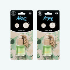 Front view of Airpro Jade Tea 10ml glass bottle car air freshener in its premium retail blister packaging with a natural beechwood cap and hanging rope.