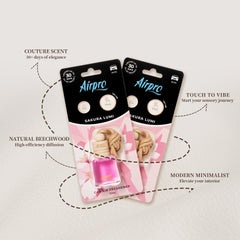 Airpro Sakura Lumi car air freshener packaging showcasing key features including 30-day elegance, natural beechwood diffuser, tactile scent testing, and modern minimalist design.