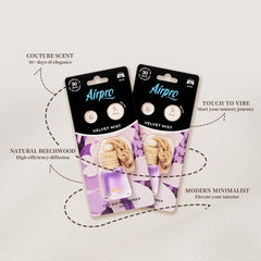 Airpro Velvet Mist car air freshener packaging showcasing key features including 30-day elegance, natural beechwood diffuser, tactile scent testing, and modern minimalist design.