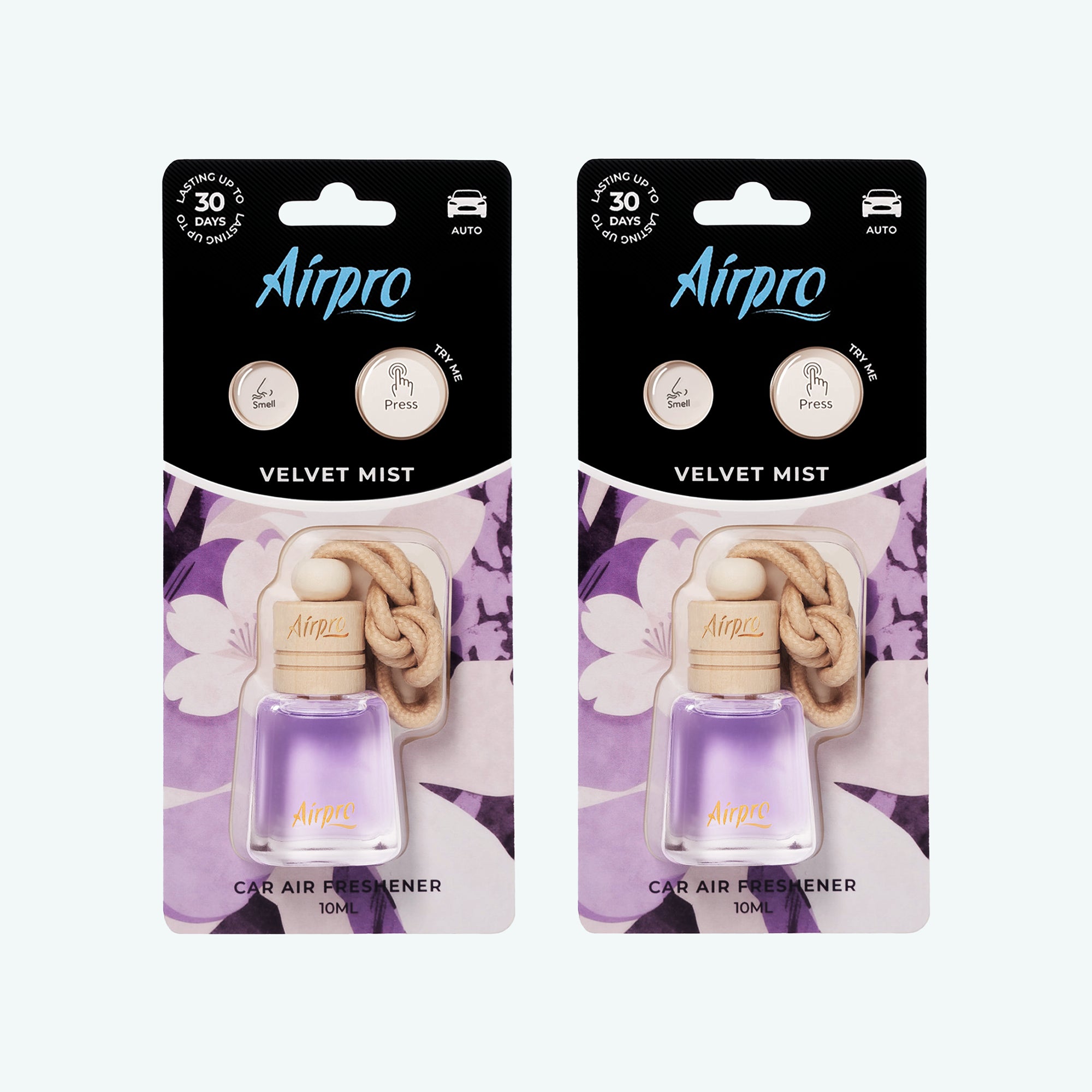 Front view of Airpro Velvet Mist 10ml glass bottle car air freshener in its premium retail blister packaging with a natural beechwood cap and hanging rope.