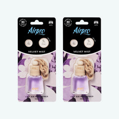 Front view of Airpro Velvet Mist 10ml glass bottle car air freshener in its premium retail blister packaging with a natural beechwood cap and hanging rope.